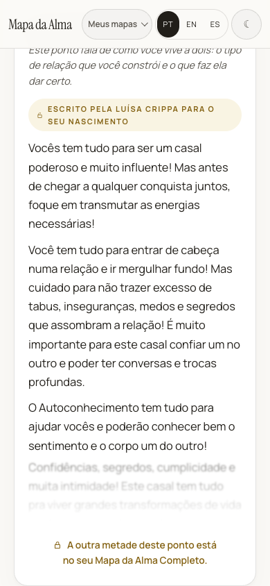 Trecho real da interface do Mapa da Alma, com texto de leitura e convite para o aprofundamento completo.